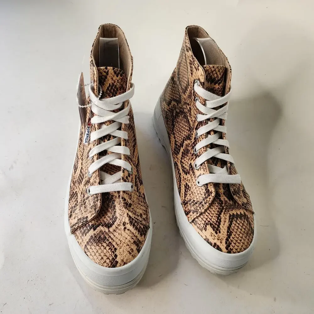 Superga Hi-Top Platform Sneakers Women's‎ 38/7.5 Brown Reptile Leather NWOB
